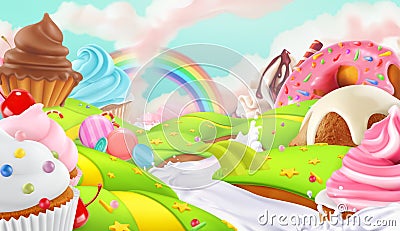 Cupcake, fairy cake. Sweet landscape, vector background Vector Illustration