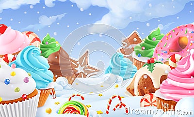 Cupcake, fairy cake. Winter sweet landscape. Christmas background. 3d vector Vector Illustration