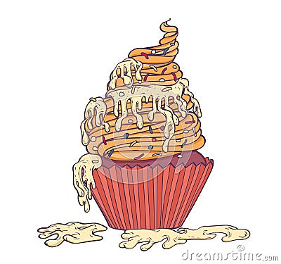 Cupcake filled with sour cream melted sloppy flow. Vector Illustration