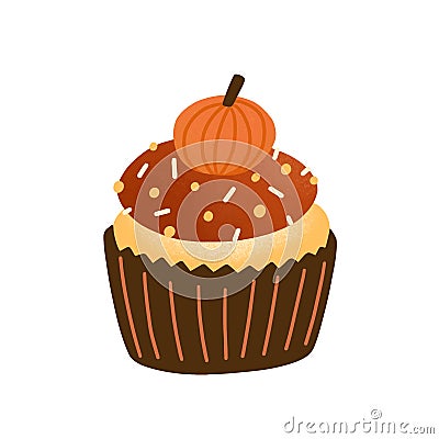 Cupcake flat vector illustration. Tasty muffin decorated with chocolate icing and pumpkin candy isolated on white Vector Illustration