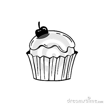 Cupcake with frosting and cherry. Vector Illustration
