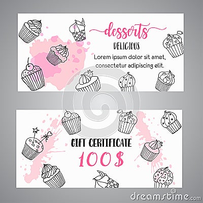 Cupcake gift certificate with handdrawn cupcakes and pink splashes. Coupon with desserts. Promo banner for bakery Vector Illustration