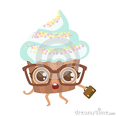 Cupcake In Glasses With Suitcase Cute Anime Humanized Cartoon Food Character Vector Illustration