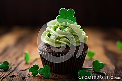 Cupcake with green cream and clover for St. Patrick Day. Stock Photo
