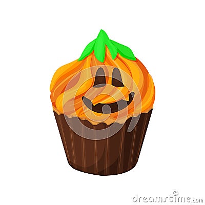 Cupcake Halloween with pumpkin on orange cream and green leaves, funny face dessert in cartoon style isolated on white Vector Illustration