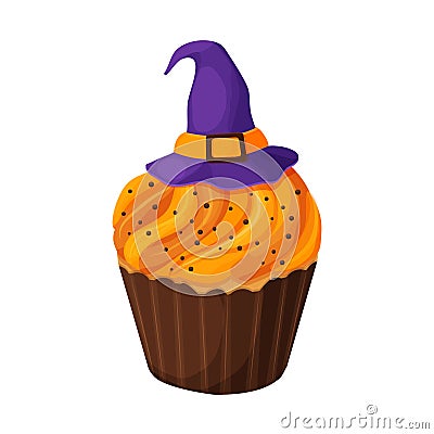 Cupcake Halloween witch hat on orange cream dessert in cartoon style isolated on white background. Vector Illustration