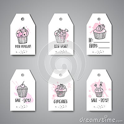 Cupcake hanging with handdrawn cupcakes and pink splashes. Sweet pastry sale labels and promo tags. Pastry gift tag Vector Illustration