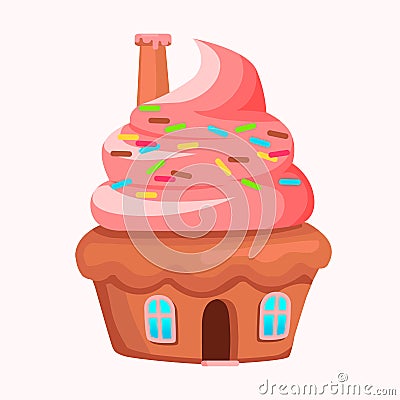 Cupcake House with Chimney On Creamy Roof Vector Vector Illustration