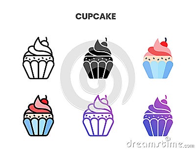 Cupcake icons set with different styles. Vector Illustration