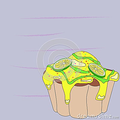 Cupcake with lemon and yellow icing on an abstract background Vector Illustration