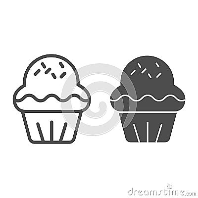 Cupcake line and solid icon. Pastry cake dessert, delicious sweet muffin symbol, outline style pictogram on white Vector Illustration