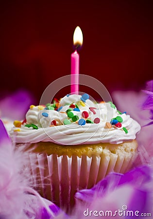 Cupcake with lite candle Stock Photo