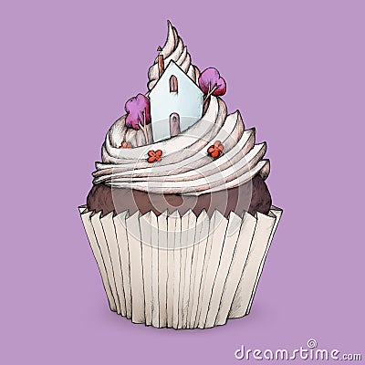 Cupcake with little house topping Stock Photo