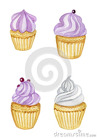 cupcake mafin homemade cakes sweets watercolor by hand insulated on a white background for menu and advertising Stock Photo