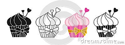 Cupcake muffin cartoon symbol doodle stamp stylized set pastry cake cream design sign linear vector Vector Illustration