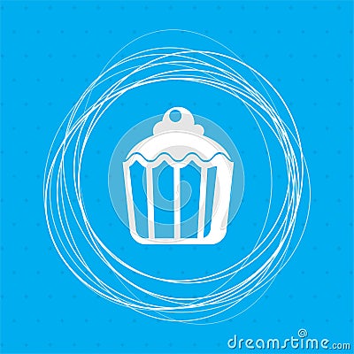 Cupcake, muffin icon on a blue background with abstract circles around and place for your text. Cartoon Illustration