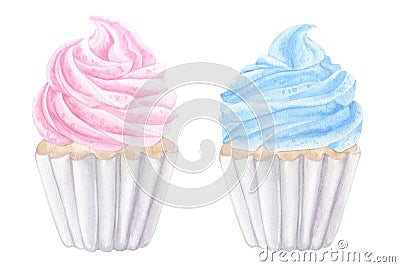Cupcake muffin pink blue cream. Sweet food clipart. Hand drawn watercolor illustration isolated on white background Cartoon Illustration