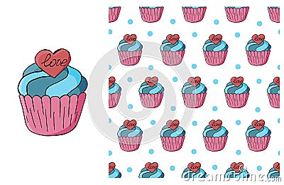 Cupcake, muffin. Set of element and seamless pattern Vector Illustration