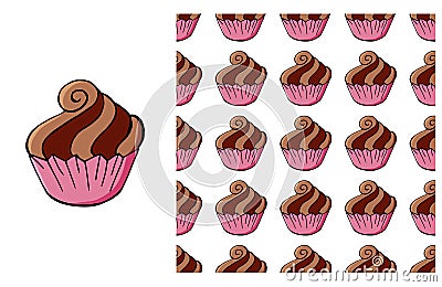 Cupcake, muffin. Set of element and seamless pattern Vector Illustration