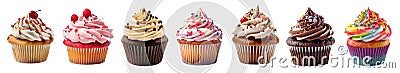 Cupcake muffin with various colourful icing frosting topping on transparent background cutout. PNG Stock Photo