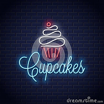 Cupcake neon logo on wall vector background Vector Illustration