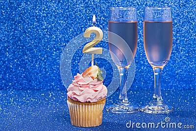 Cupcake With Numbers And Glasses With Wine For Birthday Or Anniversary Stock Photo