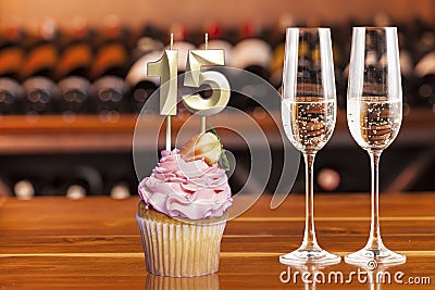 Cupcake With Numbers And Glasses With Wine For Birthday Or Anniversary Stock Photo