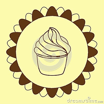 Cupcake pastry icon. Line art style creamy dessert isolated on light background. Bakery design logo in round frame. Sweets shop Vector Illustration