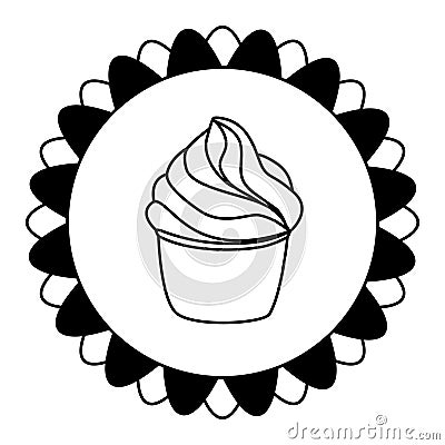 Cupcake pastry icon. Line art style creamy dessert isolated on white background. Bakery design logo in round frame. Sweets shop Vector Illustration