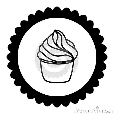 Cupcake pastry icon. Line art style creamy dessert isolated on white background. Bakery design logo in round frame. Sweets shop Vector Illustration