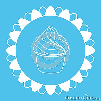 Cupcake pastry isolated icon. Line art style creamy dessert isolated on blue background. Bakery design logo in round frame. Sweets Vector Illustration