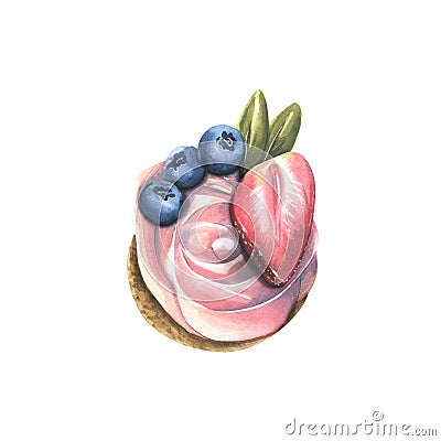 Cupcake with pink cream, strawberries and blueberries. Watercolor illustration. An isolated object from a large set of Cartoon Illustration