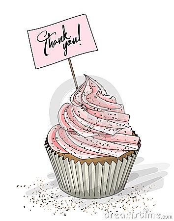 Cupcake with pink cream and topper pick with text Thank you on white background, illustration Vector Illustration