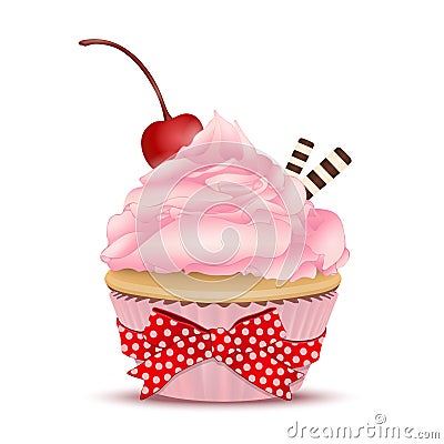 Cupcake with pink fruit cream, with a cherry on top and waffles, vector illustration. Drawing of dessert isolated on white backgro Vector Illustration