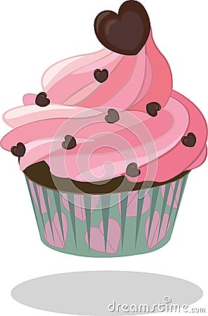 Cupcake pink icing decorated with chocolate heart in turquoise paper case. Vector illustration Vector Illustration