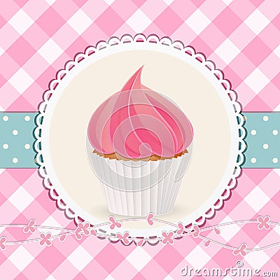 Cupcake with pink icing on pink gingham background Vector Illustration