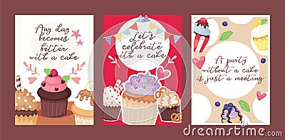 Cupcake poster design bakery cake dessert card vector illustration. Muffin holiday sweet party background design. Vector Illustration