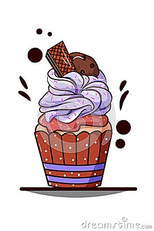 Cupcake with purple cream with wafer and biscuit chocolate Vector Illustration