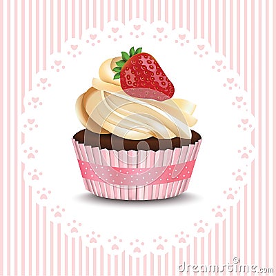 Cupcake on retro lace background. Vector realistic dessert. Summer delicious treats Vector Illustration