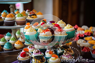 cupcake stand with colorful assortment of cupcakes Stock Photo