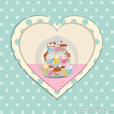 Cupcake stand and polka dot heart Stock Photo