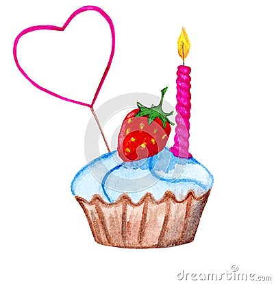 Cupcake with a strawberrry, a cake pick and a candle. Cartoon Illustration