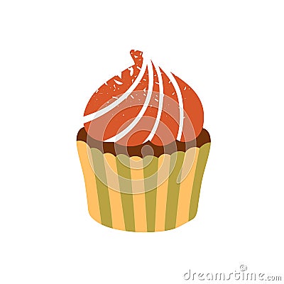 Cupcake with sweet swirled cream. Baked chocolate dessert in cup, holder. Patisserie, sugar food. Yummi confectionery Vector Illustration