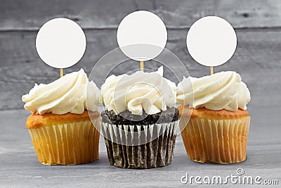 Cupcake Topper Mockup with Three Cupcakes Stock Photo