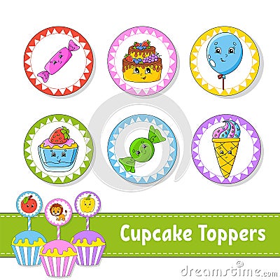 Cupcake Toppers. Set of six round pictures. Cartoon characters. Cute image. For birthday, party, baby shower Vector Illustration