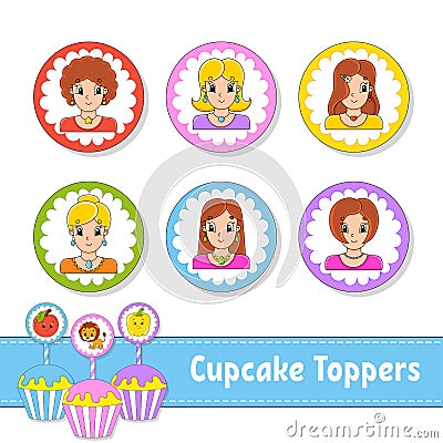 Cupcake Toppers. Set of six round pictures. Lovely smiling girls. Cartoon characters. Cute image. For birhday, party, baby shower Vector Illustration