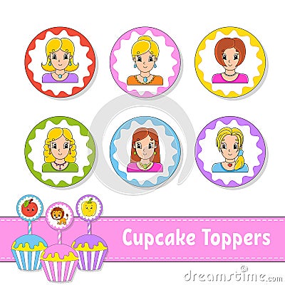 Cupcake Toppers. Set of six round pictures. Lovely smiling girls. Cartoon characters. Cute image. For birhday, party, baby shower Vector Illustration