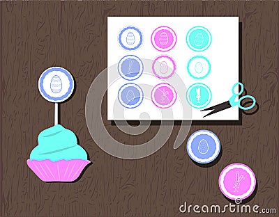 Cupcake toppers or stickers with eggs, hearts and rabbits. llustration delicate colors aquamarine turquoise, pink, blue. Vector Illustration