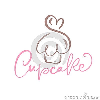Cupcake vector calligraphic text with logo. Sweet cupcake with cream, vintage dessert emblem template design element. Candy bar Stock Photo