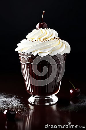 A cupcake with whipped cream and cherries on top. Stock Photo